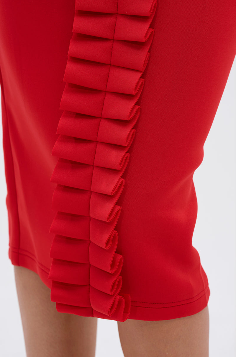 PURE JOY MIDI DRESS WITH DRAMATIC SLEEVE IN RED