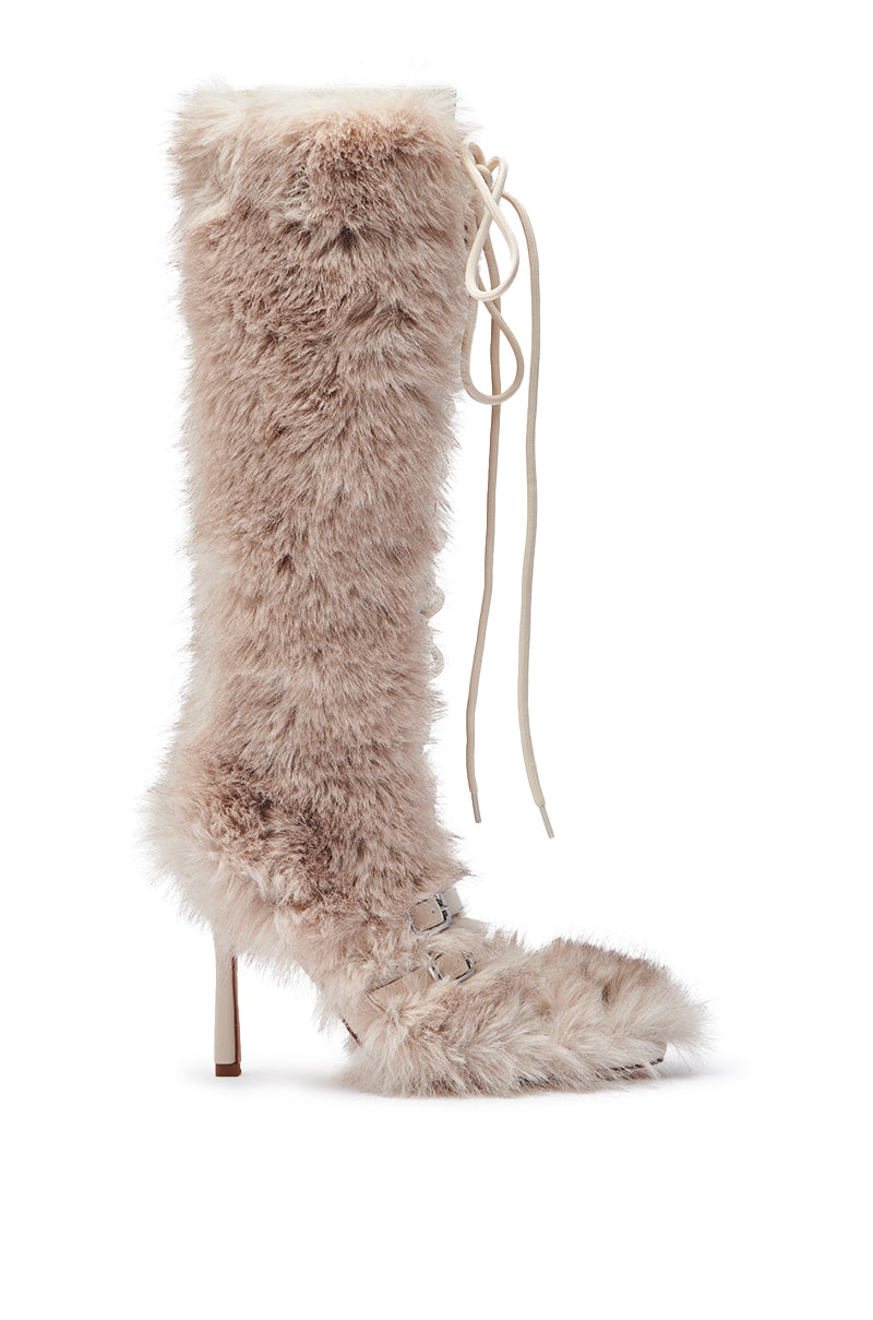 AZALEA WANG LOURDANNE IVORY FUR LACE UP BOOT