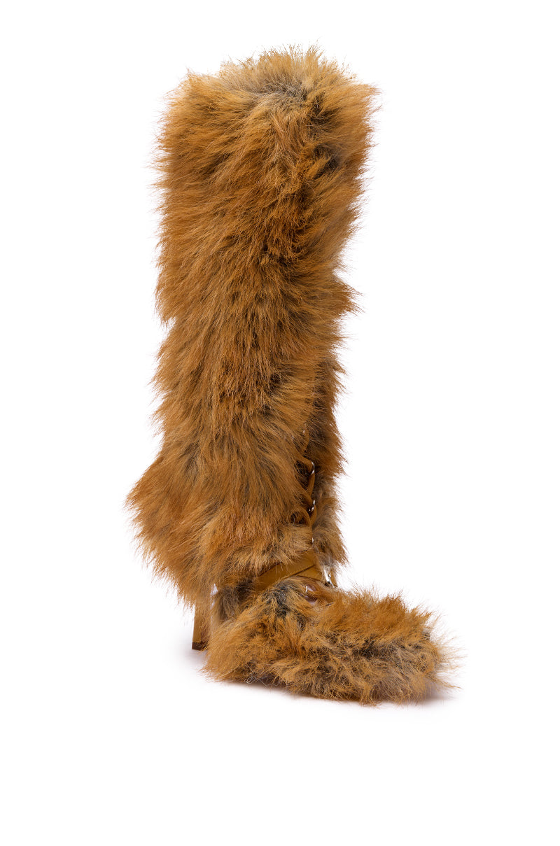 AZALEA WANG LOURDANNE TAN FUR LACE UP STILETTO BOOT