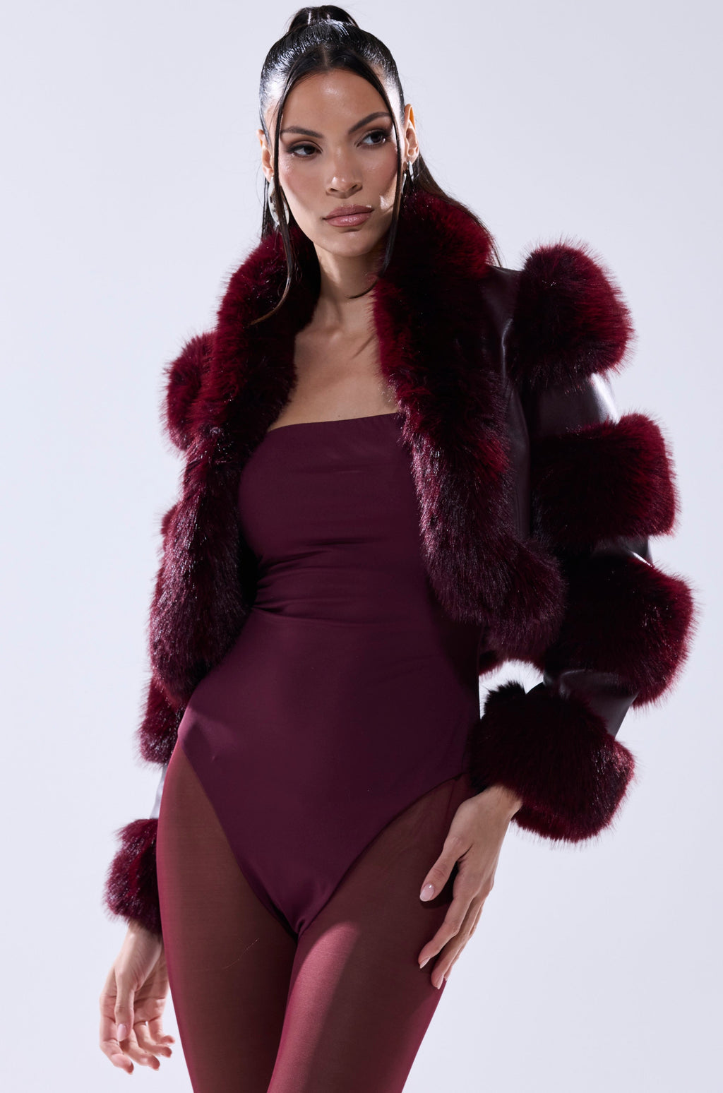 LOVERBOY FAUX FUR MOTO JACKET IN BURGUNDY