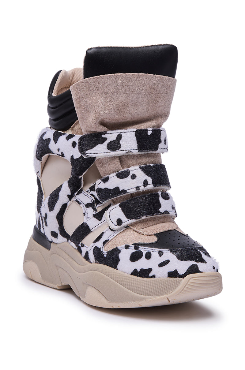 MARANTO BLACK COW PRINT WEDGE SNEAKER