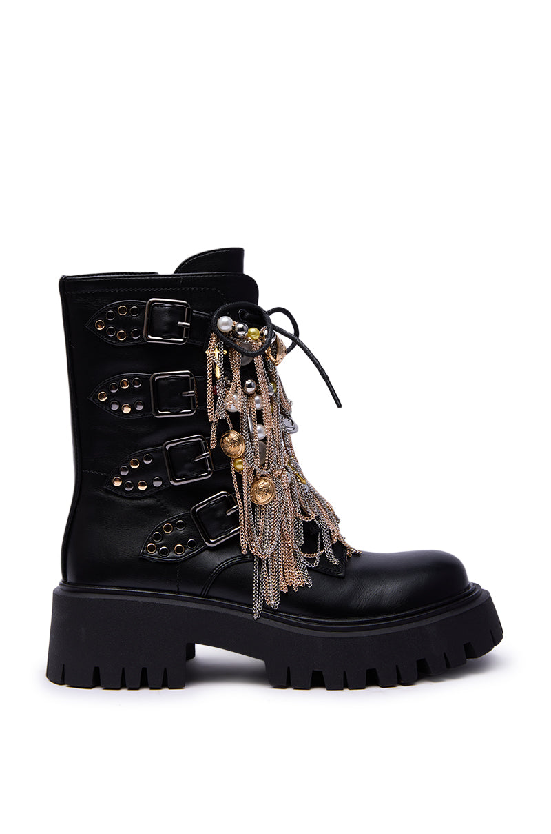 AZALEA WANG MEGUMI BLACK METAL HARDWARE COMBAT BOOTIE