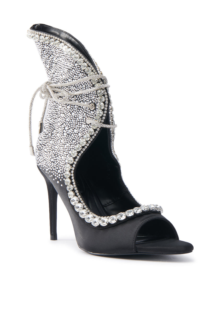 AZALEA WANG MICAELA BLACK SILVER RHINESTONE OPEN TOE LACE UP STILETTO BOOTIE