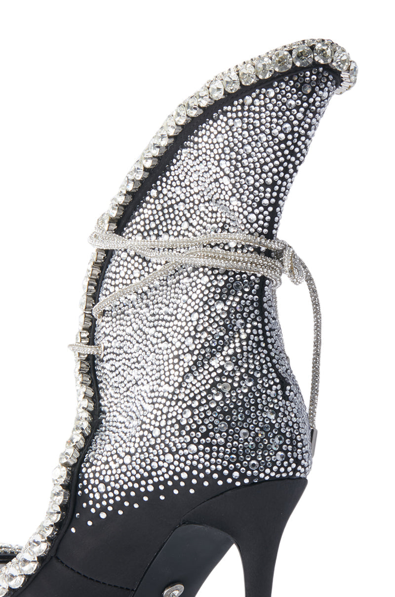 AZALEA WANG MICAELA BLACK SILVER RHINESTONE OPEN TOE LACE UP STILETTO BOOTIE