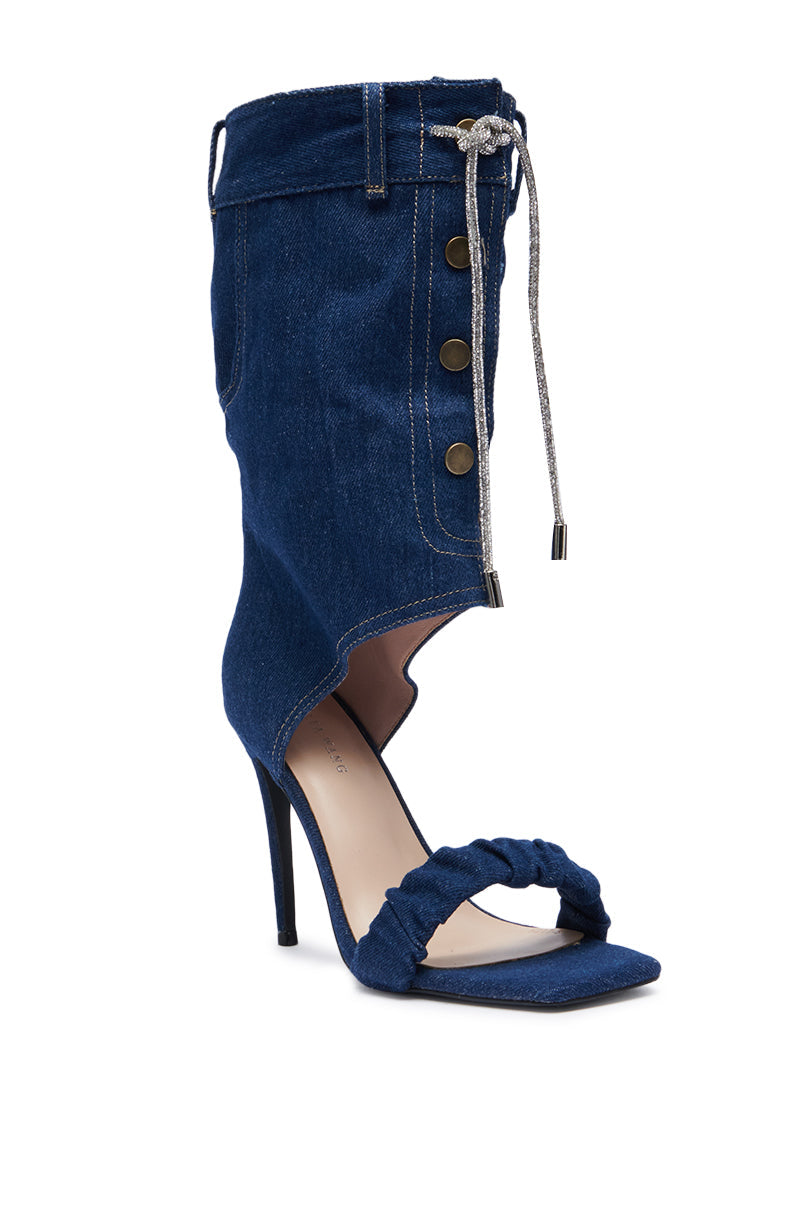 AZALEA WANG MYKEL DENIM GLADIATOR SANDAL WITH RHINESTONE LACE