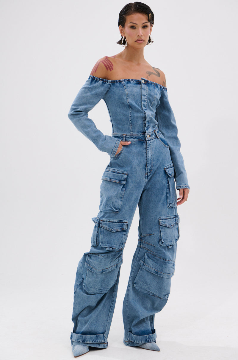 ARI LONG SLEEVE CARGO DENIM JUMPSUIT