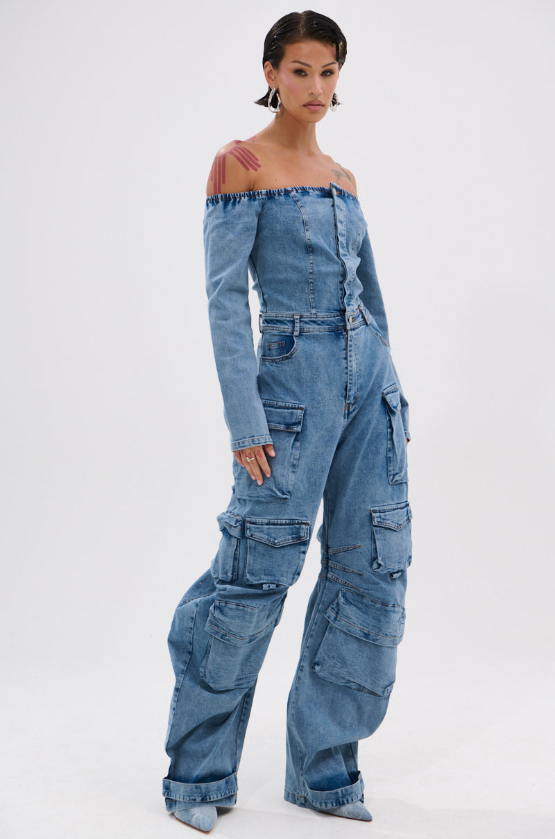 ARI LONG SLEEVE CARGO DENIM JUMPSUIT