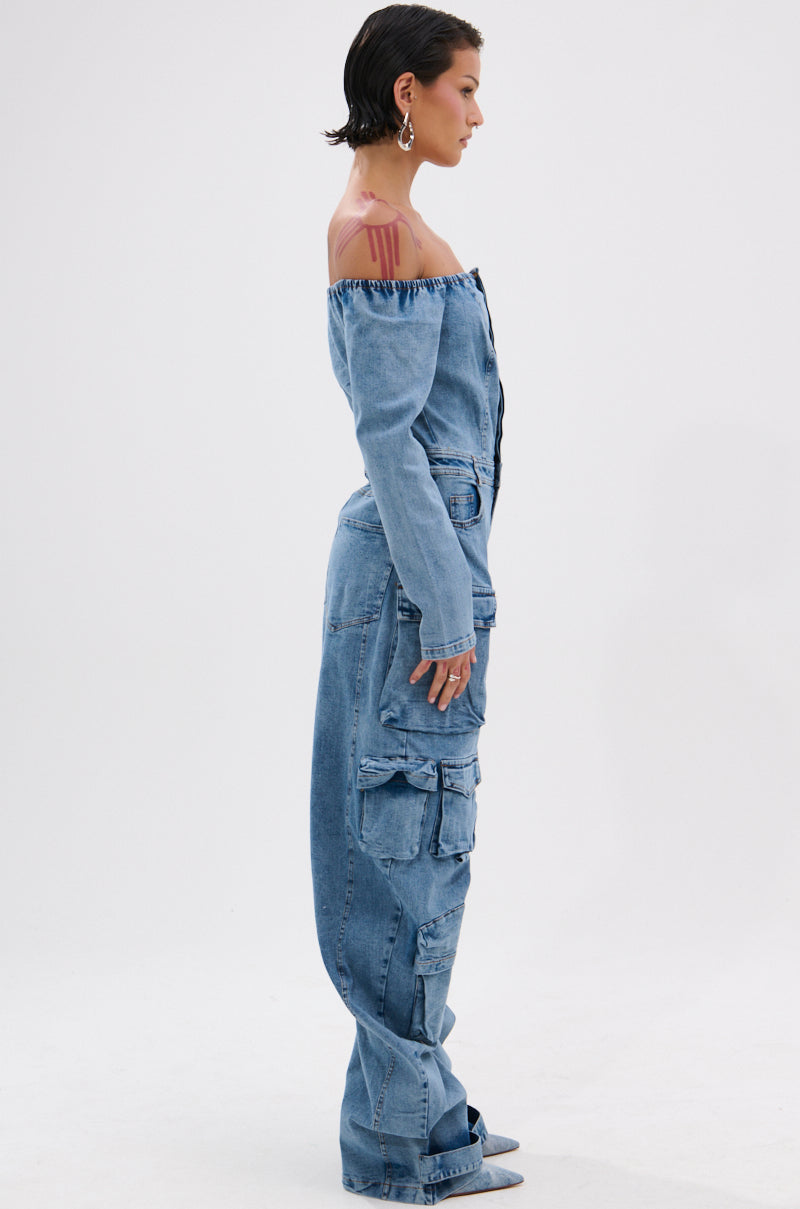 ARI LONG SLEEVE CARGO DENIM JUMPSUIT