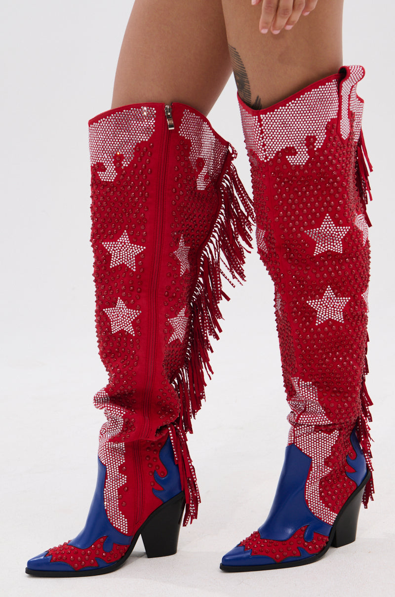 AZALEA WANG NELLA BLUE MULTI WESTERN EMBELLISHED BOOT