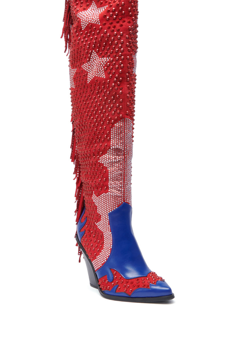 AZALEA WANG NELLA BLUE MULTI WESTERN EMBELLISHED BOOT