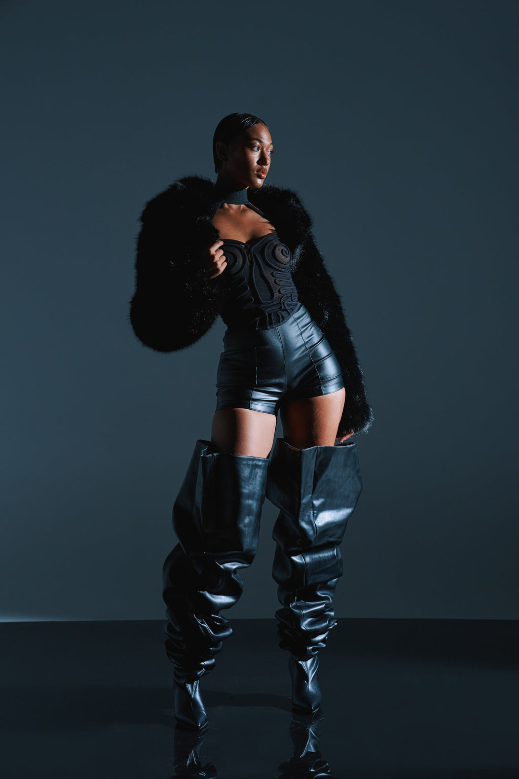 AZALEA WANG NEMY BLACK KITTEN HEEL THIGH HIGH BOOT