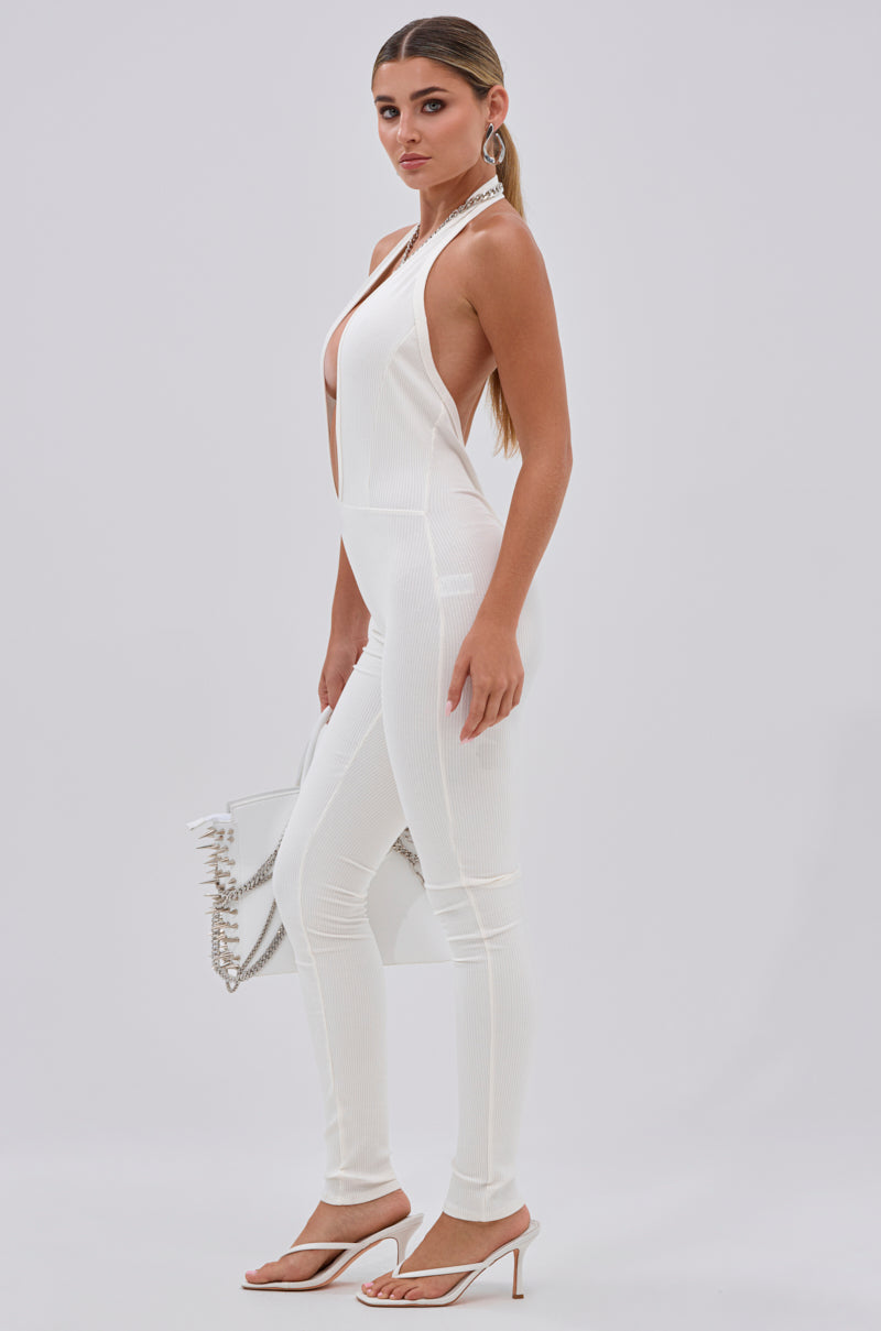 MIXED MESSAGES PLUNGING JUMPSUIT