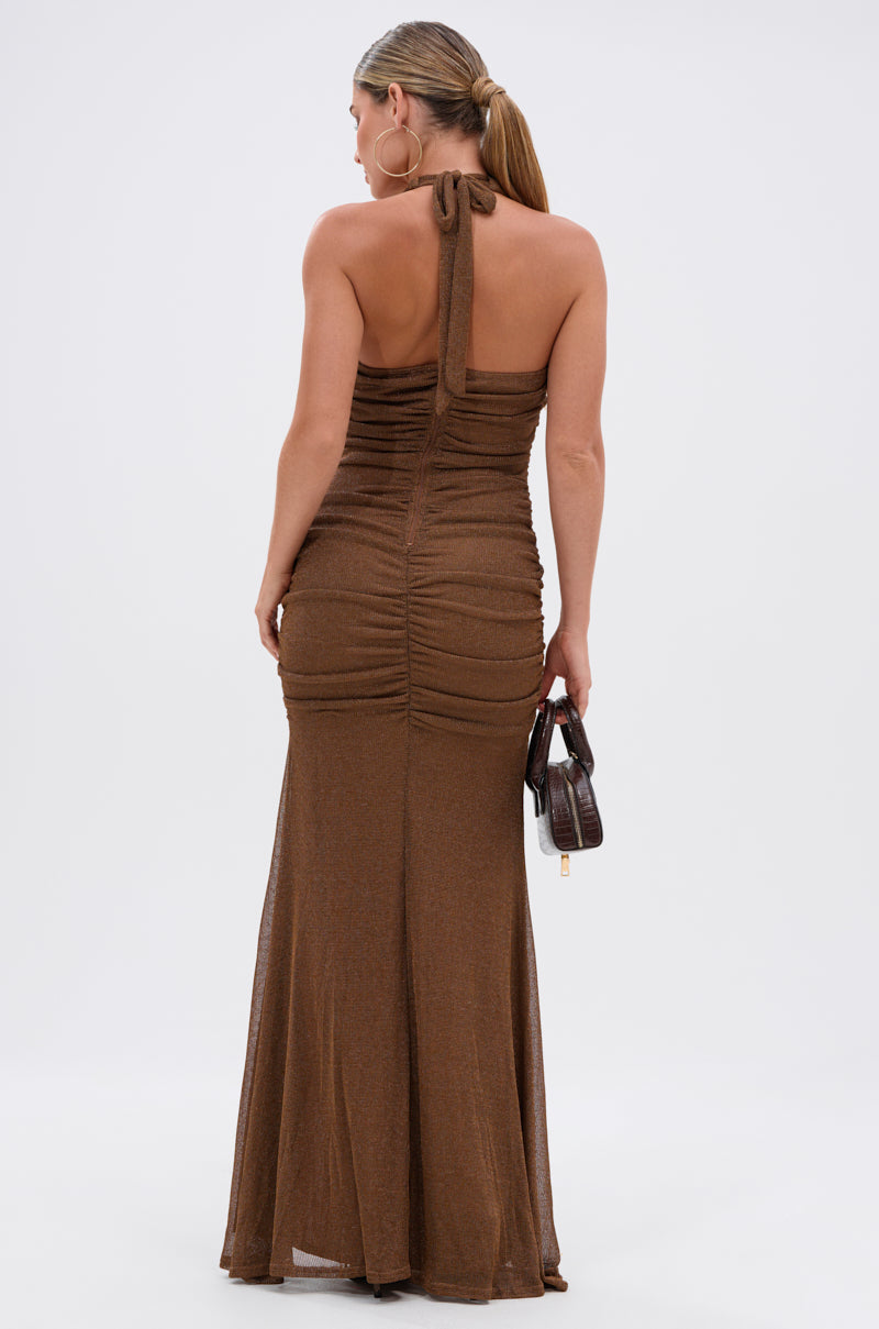 SERPENTI PLUNGE MAXI DRESS IN METALLIC BROWN