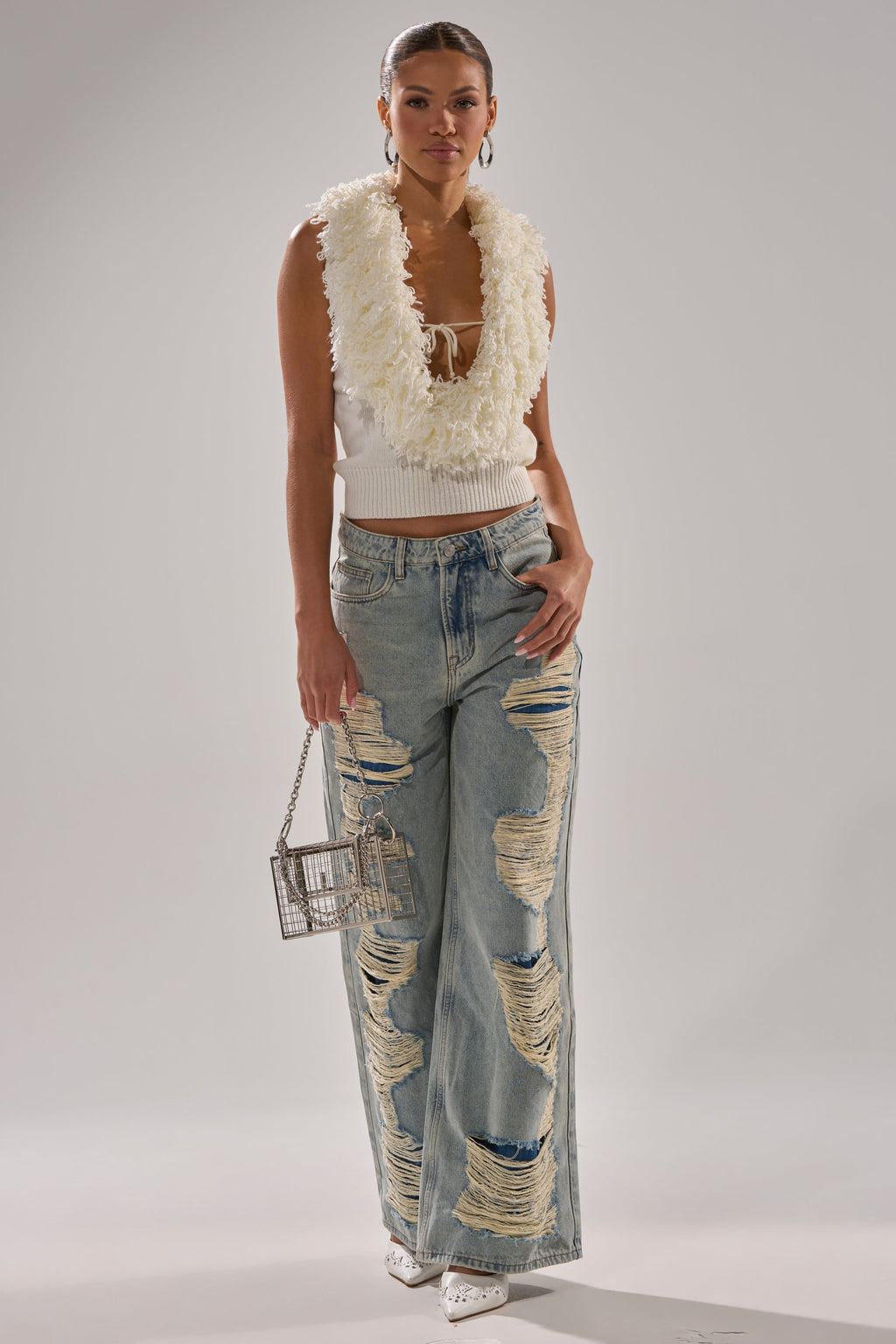 CARLY FRINGE OPEN FRONT SWEATER IN IVORY