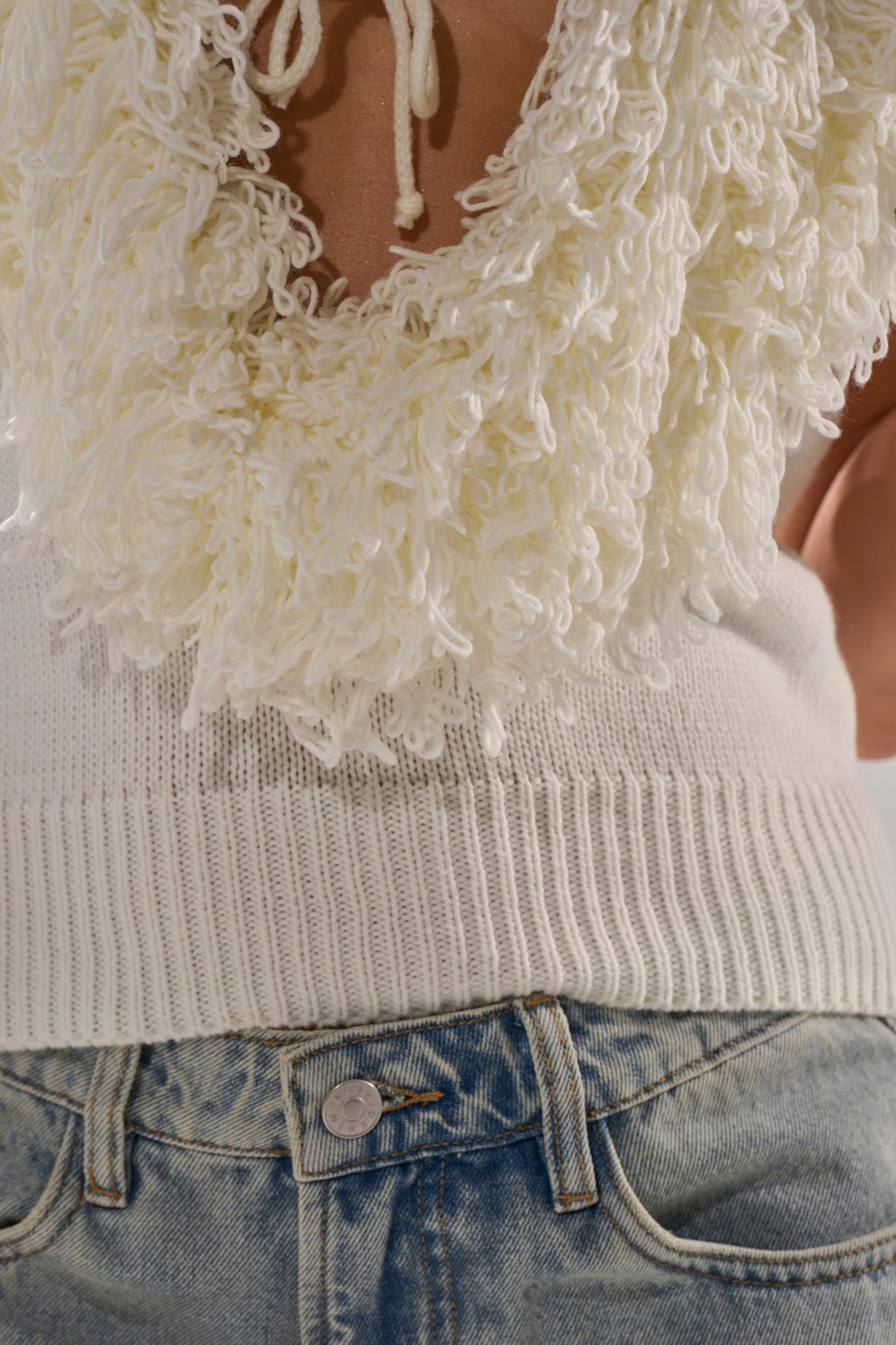 CARLY FRINGE OPEN FRONT SWEATER IN IVORY