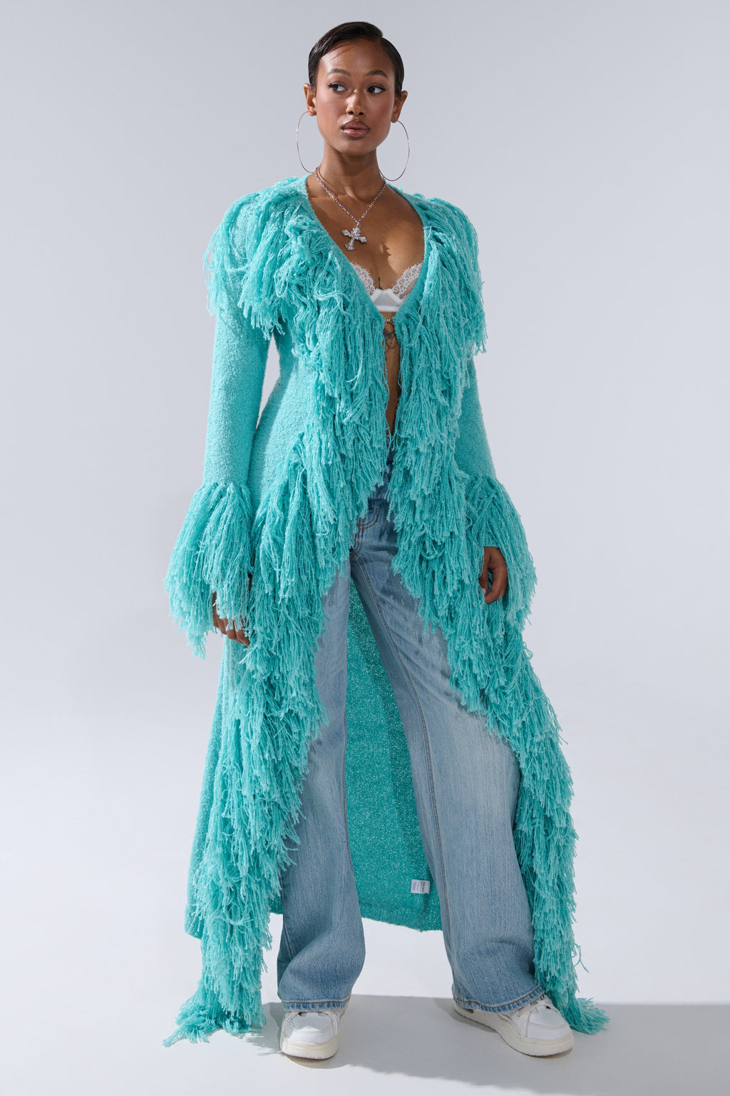 BURRR IT'S COLD OUTSIDE FRINGE OVERSIZED SWEATER IN TURQUOISE