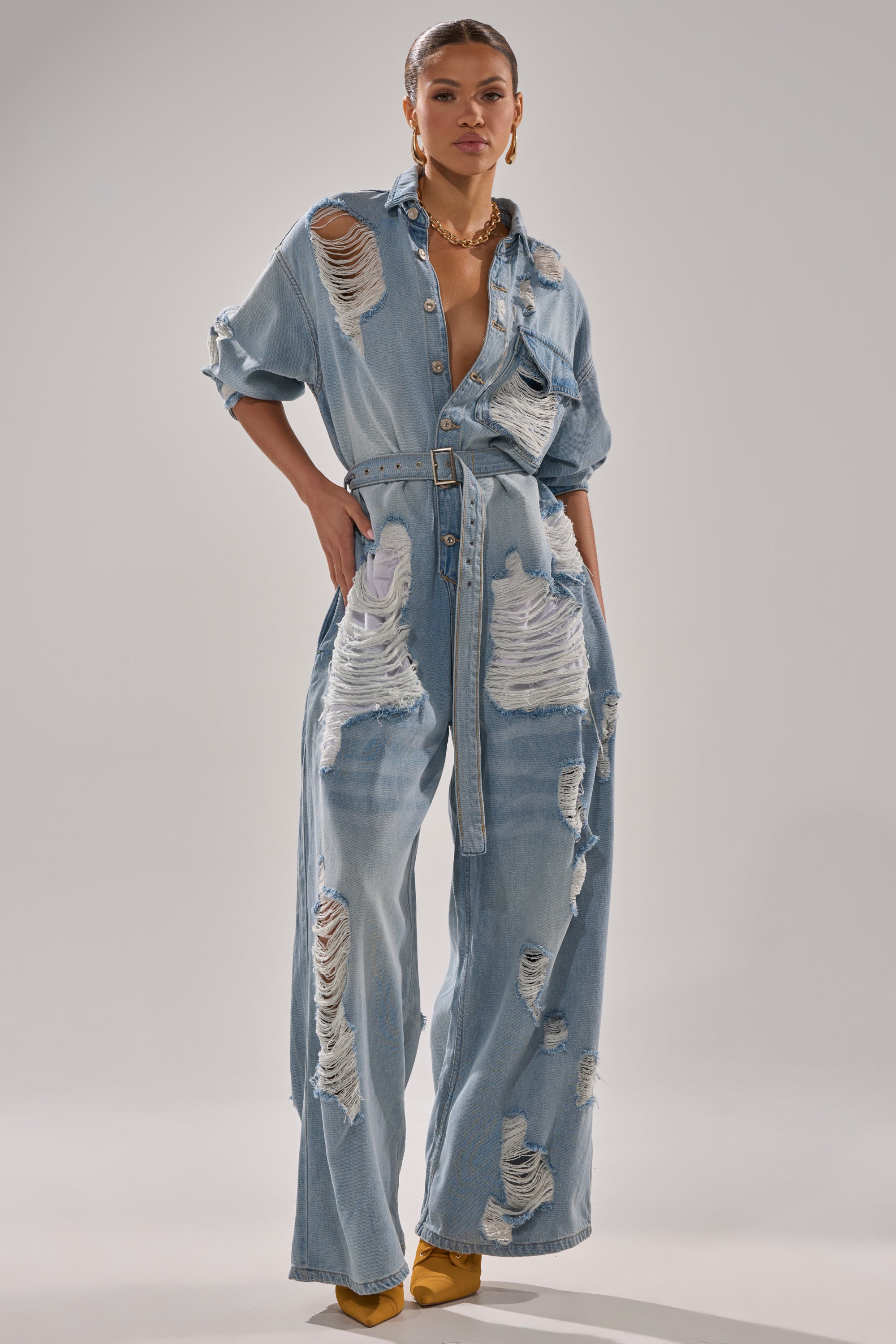 NOT TODAY EXTREME OVERSIZED DISTRESSED DENIM JUMPSUIT