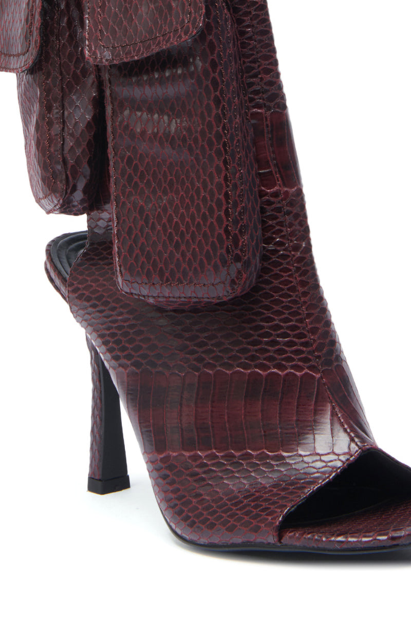 AZALEA WANG RIDWAN BURGUNDY SNAKE OPEN TOE BOOTIE