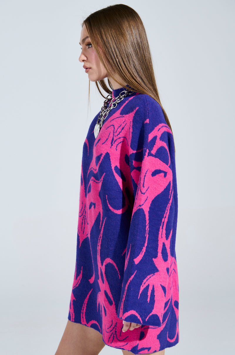 MUSHU GRAPHIC SWEATER DRESS IN BLUE AND PINK