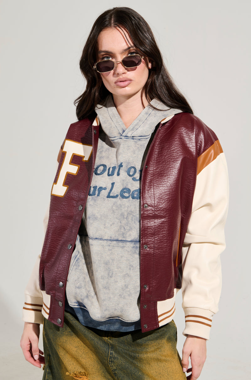 ROCKIT FAUX LEATHER VARSITY BOMBER