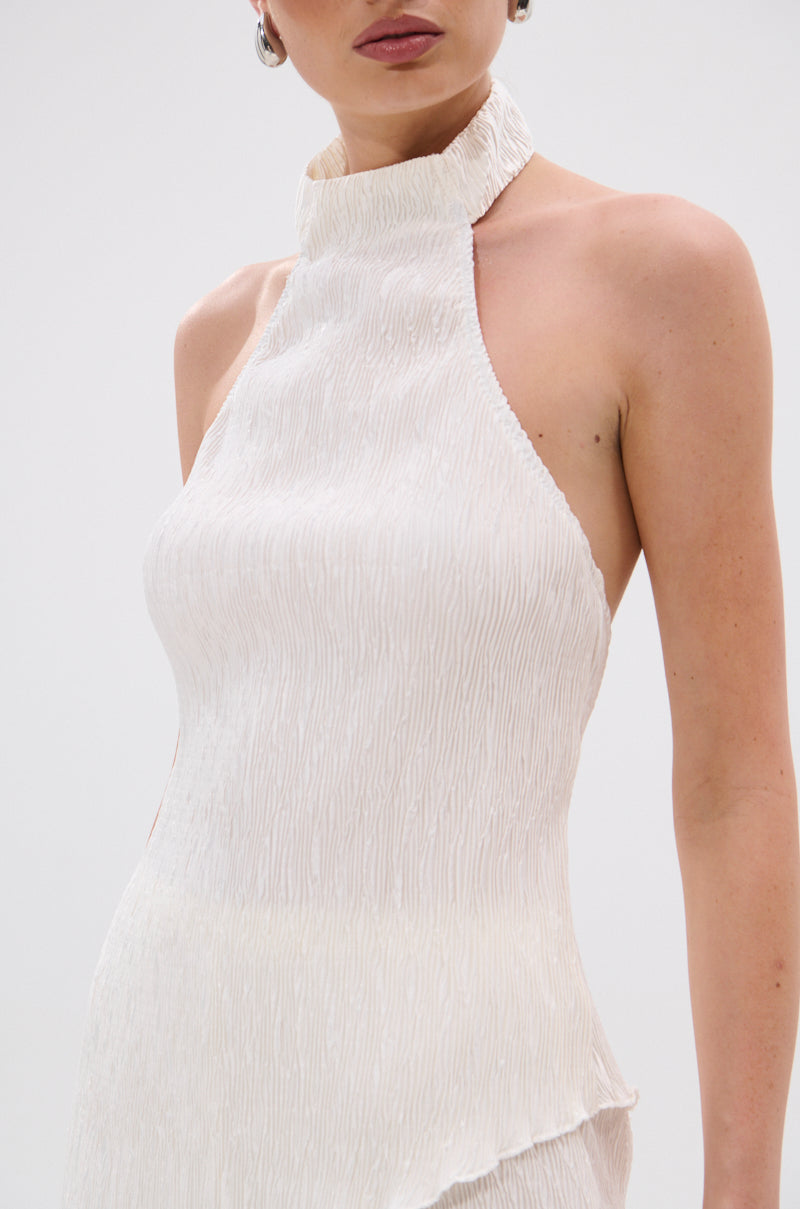 OLIVIA PLISSE HALTER NECK ASYMMETRICAL TOP IN WHITE