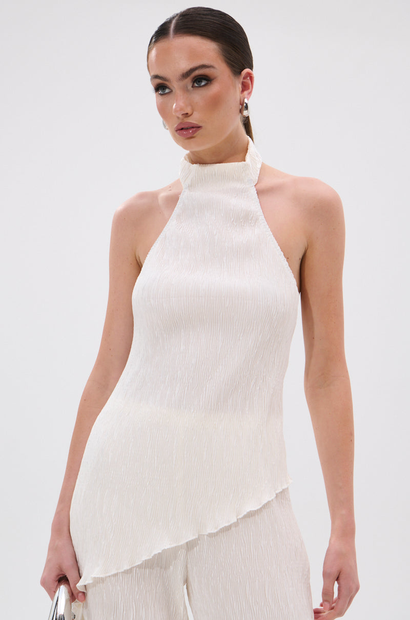 OLIVIA PLISSE HALTER NECK ASYMMETRICAL TOP IN WHITE