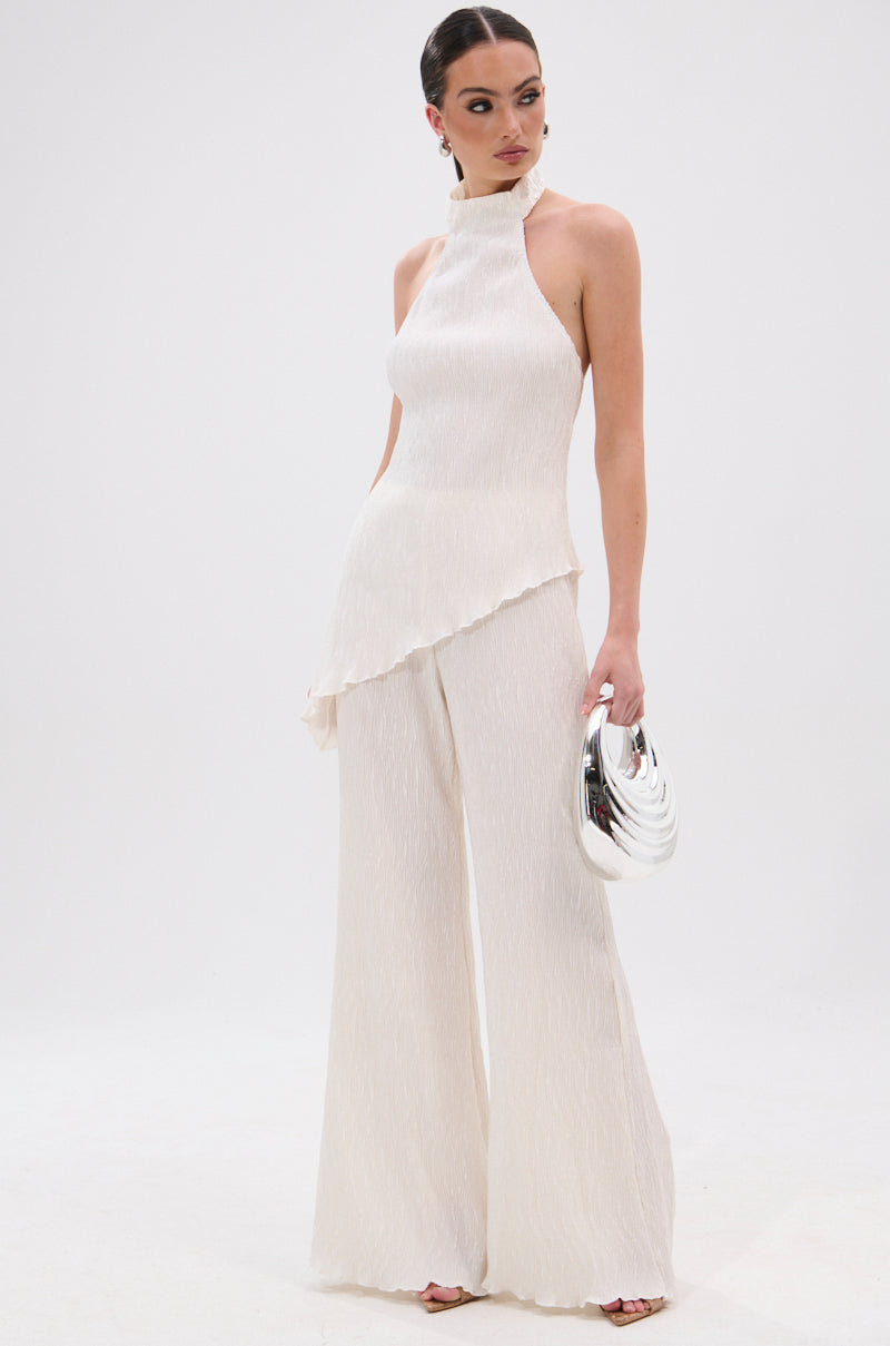 OLIVIA PLISSE HALTER NECK ASYMMETRICAL TOP IN WHITE