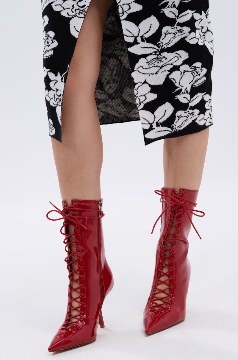 AZALEA WANG SILVA RED LACE UP STILETTO BOOTIE