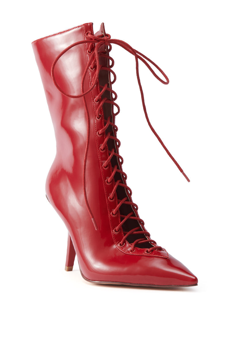 AZALEA WANG SILVA RED LACE UP STILETTO BOOTIE