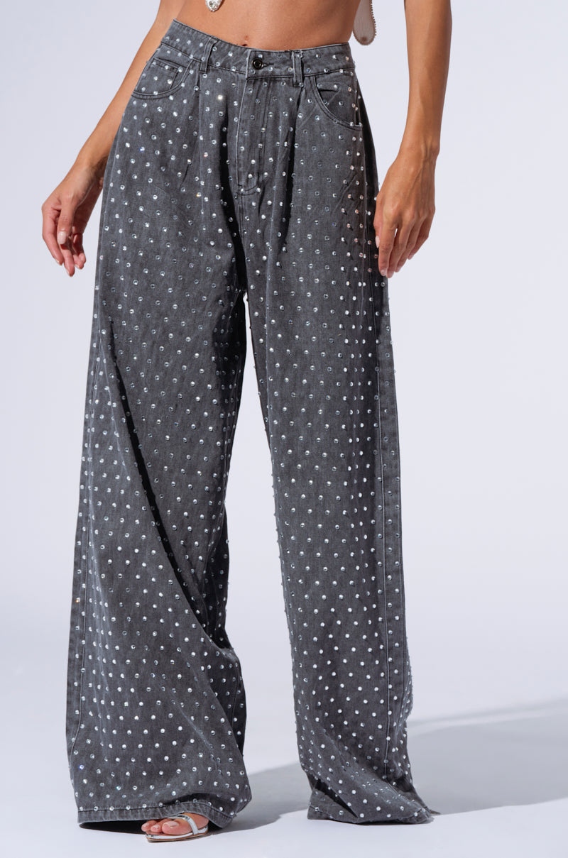 DAZZLED RHINESTONE STUDDED DENIM PANTS IN BLACK
