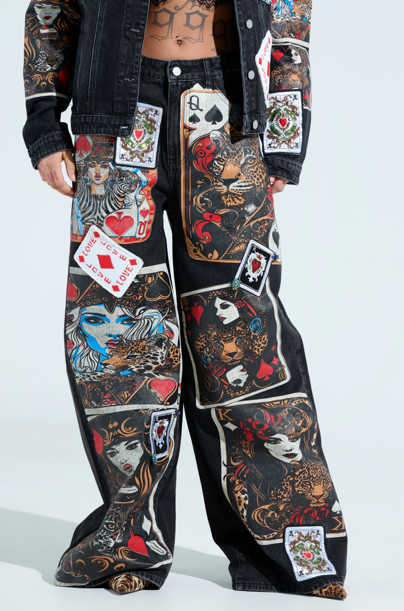 QUEEN OF HEARTS PRINTED AND EMBELLISHED DENIM PANTS