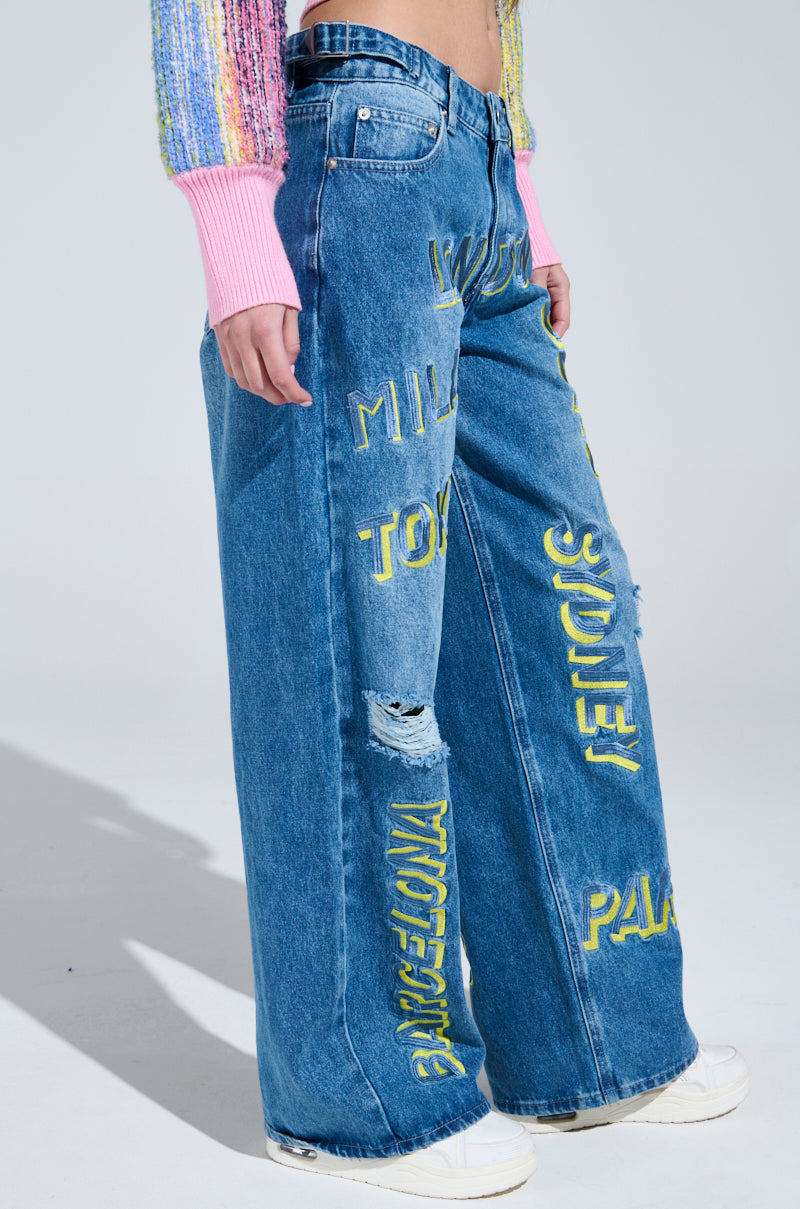 JETSETTER EMBROIDERY WIDE LEG JEANS