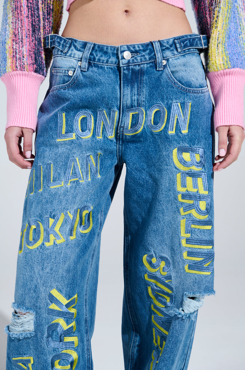 JETSETTER EMBROIDERY WIDE LEG JEANS