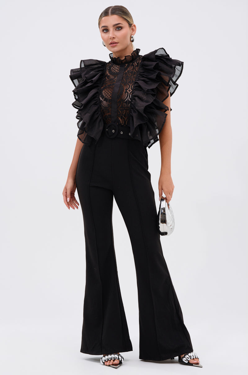 WALK THAT WALK RUFFLE JUMPSUIT IN BLACK