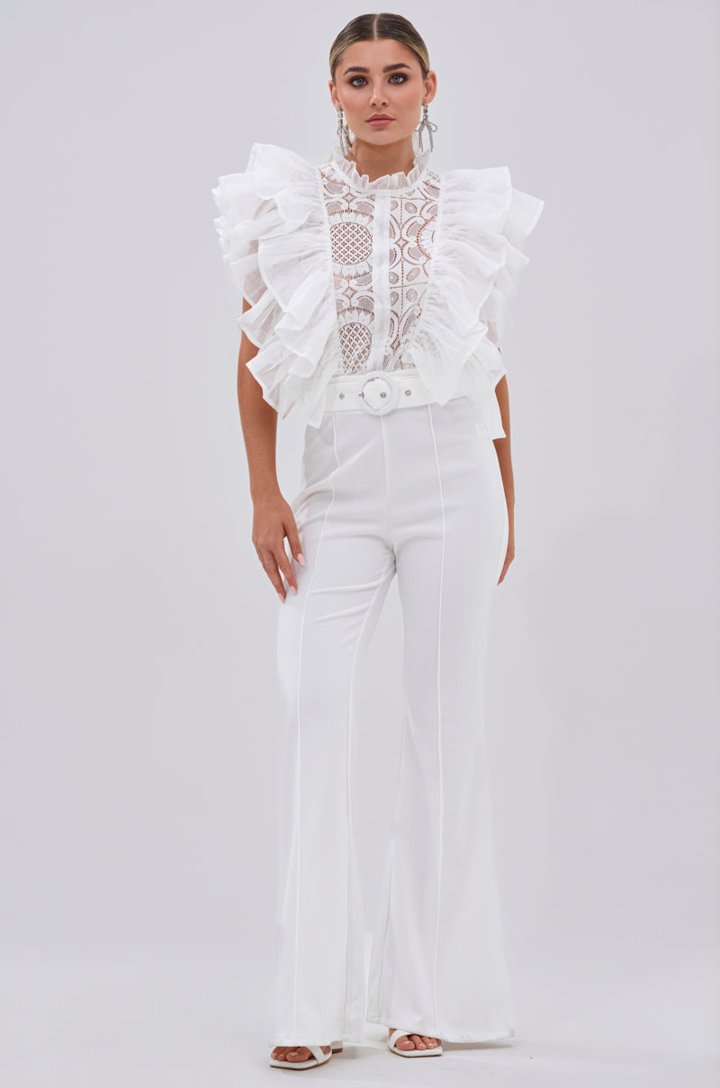 WALK THAT WALK RUFFLE JUMPSUIT IN WHITE