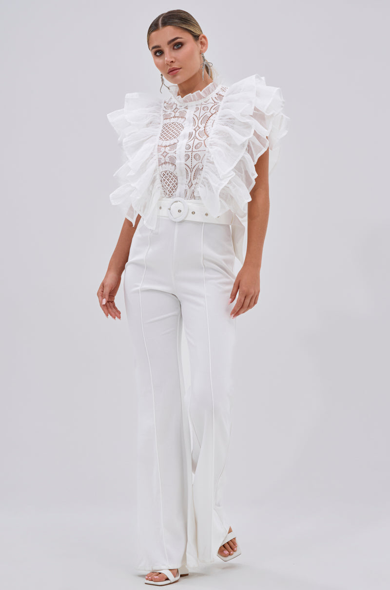 WALK THAT WALK RUFFLE JUMPSUIT IN WHITE