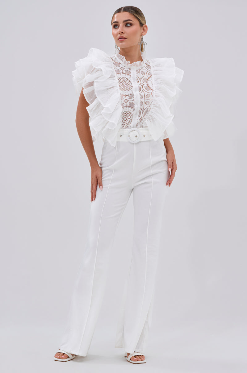 WALK THAT WALK RUFFLE JUMPSUIT IN WHITE