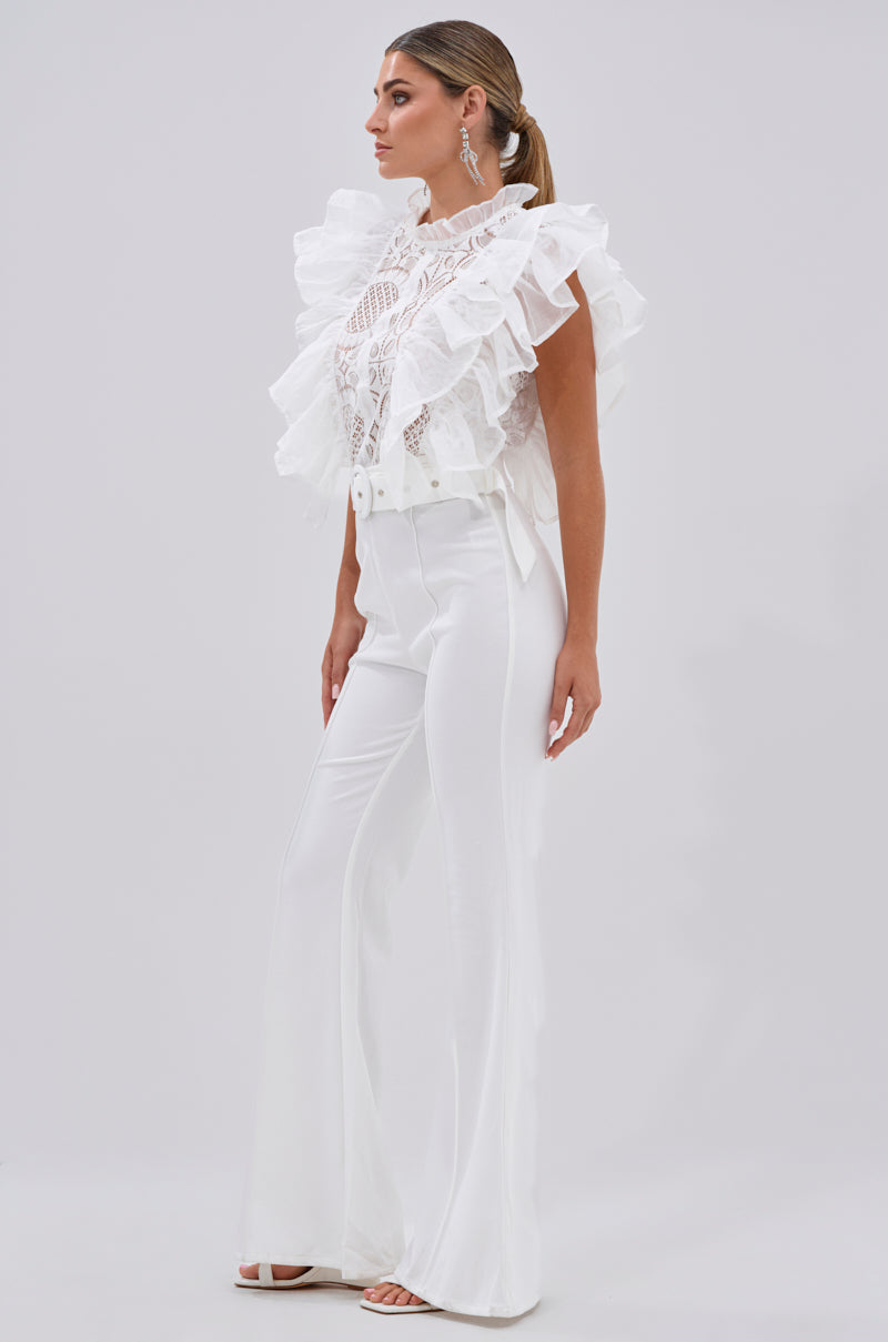 WALK THAT WALK RUFFLE JUMPSUIT IN WHITE