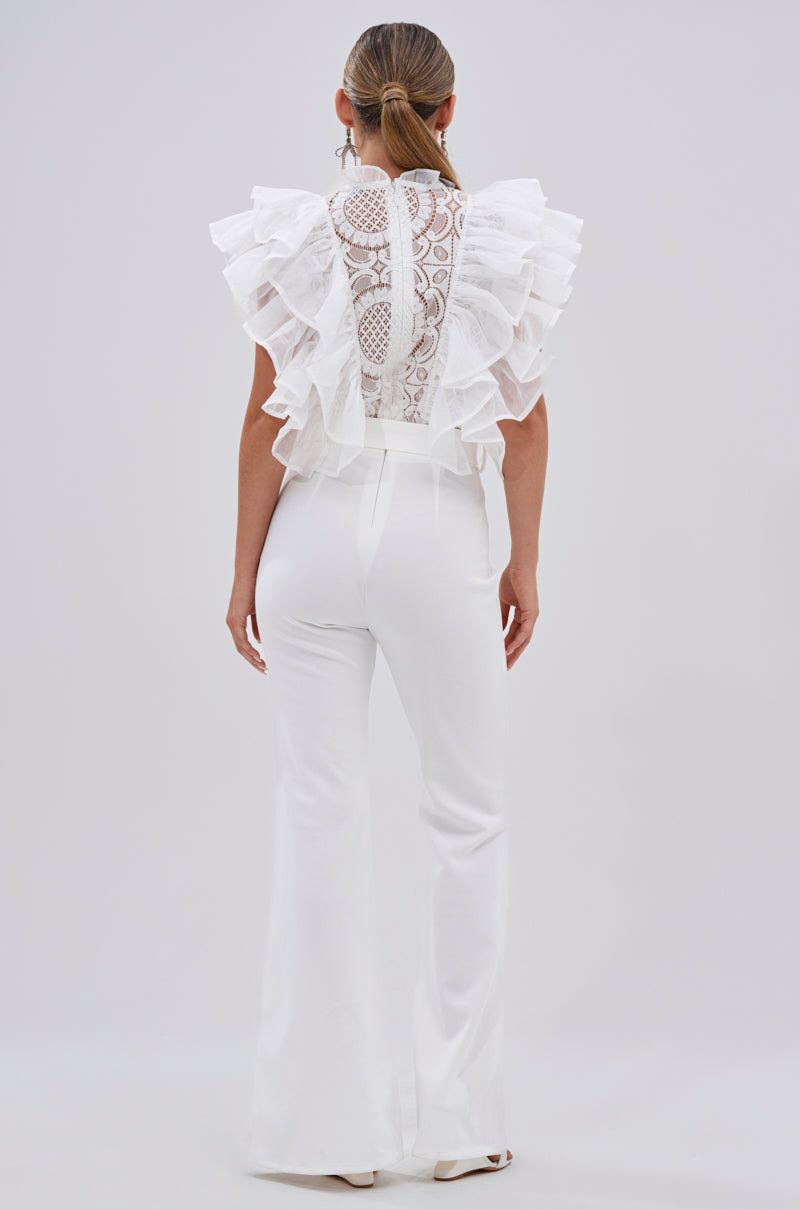 WALK THAT WALK RUFFLE JUMPSUIT IN WHITE