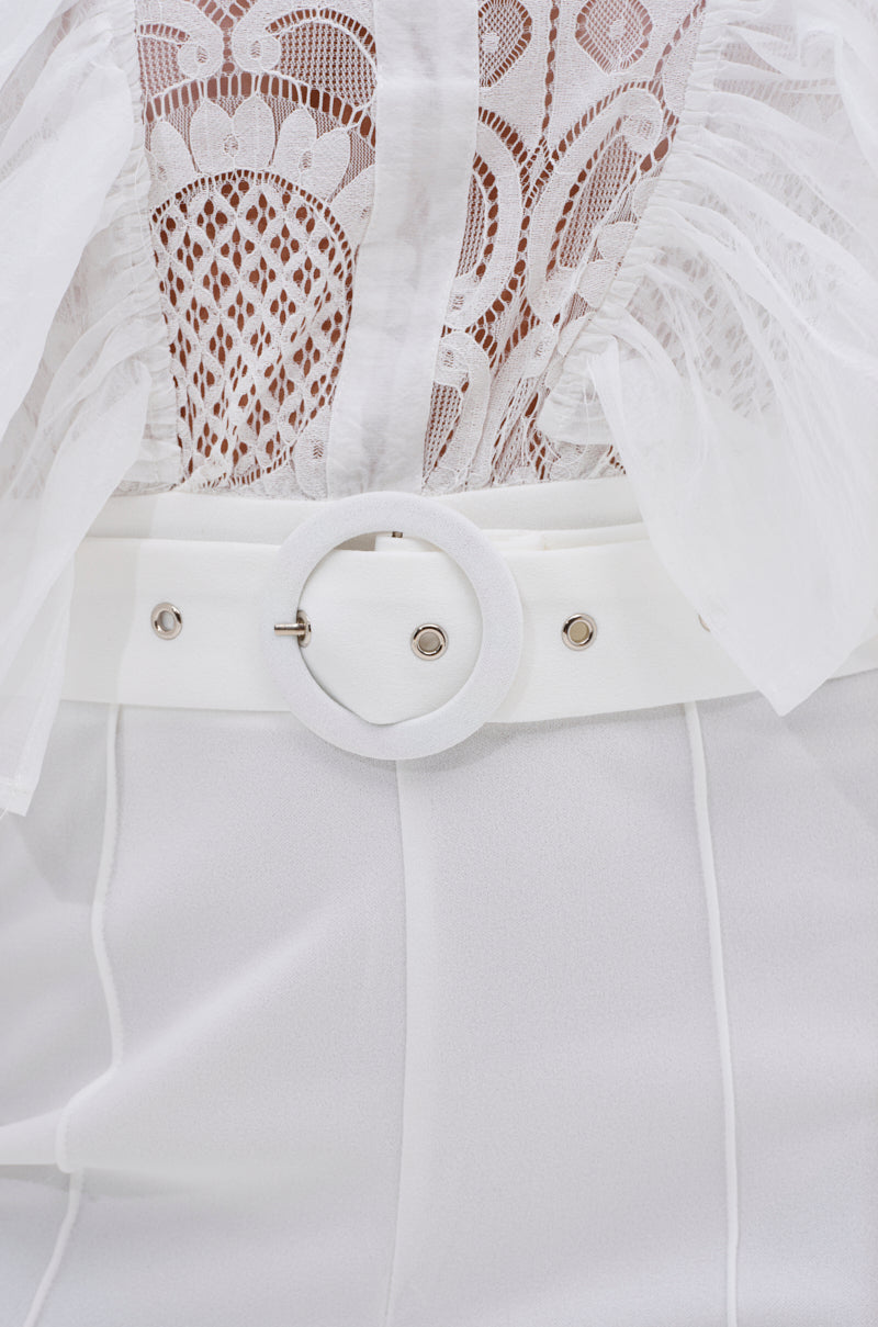 WALK THAT WALK RUFFLE JUMPSUIT IN WHITE