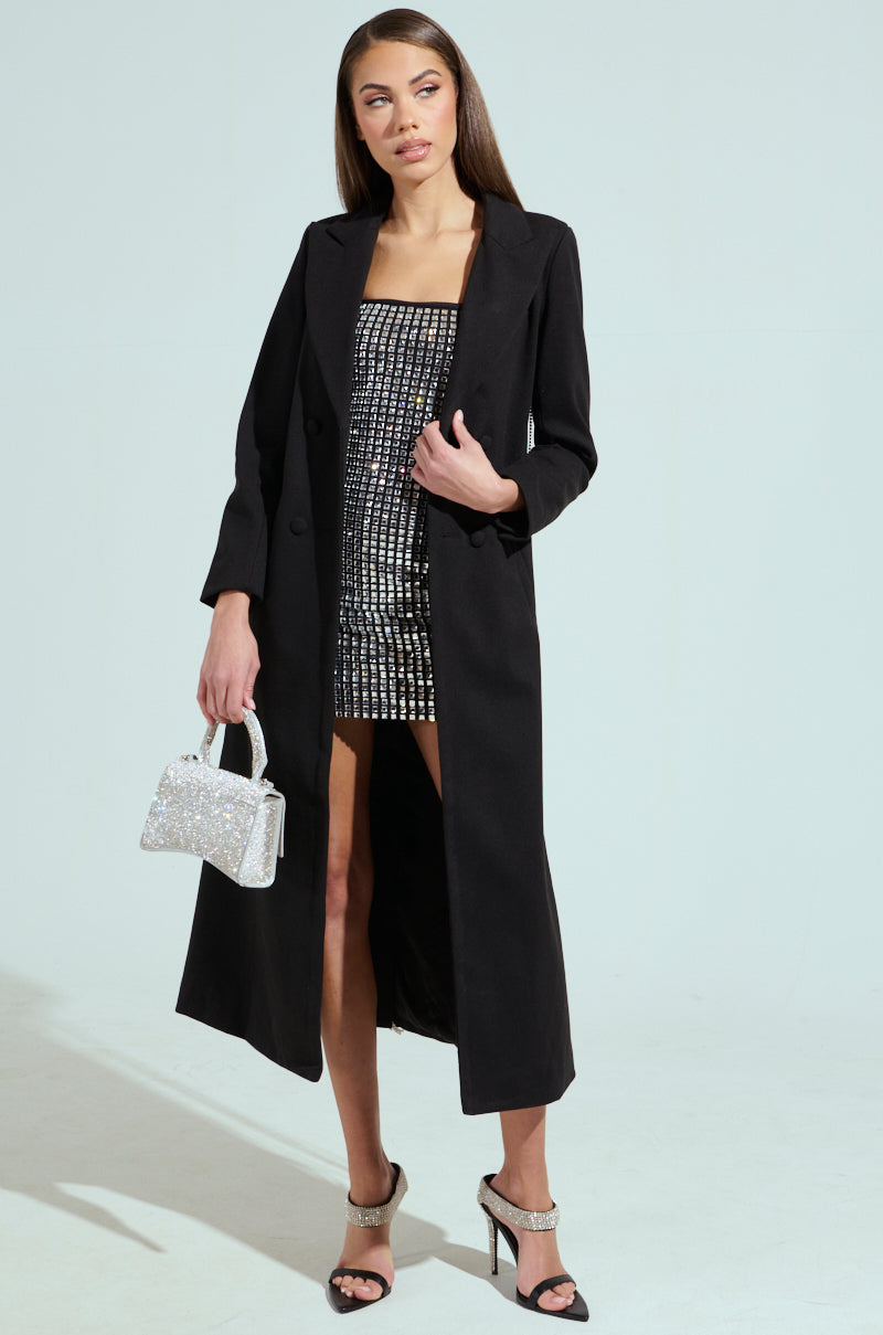 PARTY IN THE BACK RHINESTONE FRINGE TRENCH