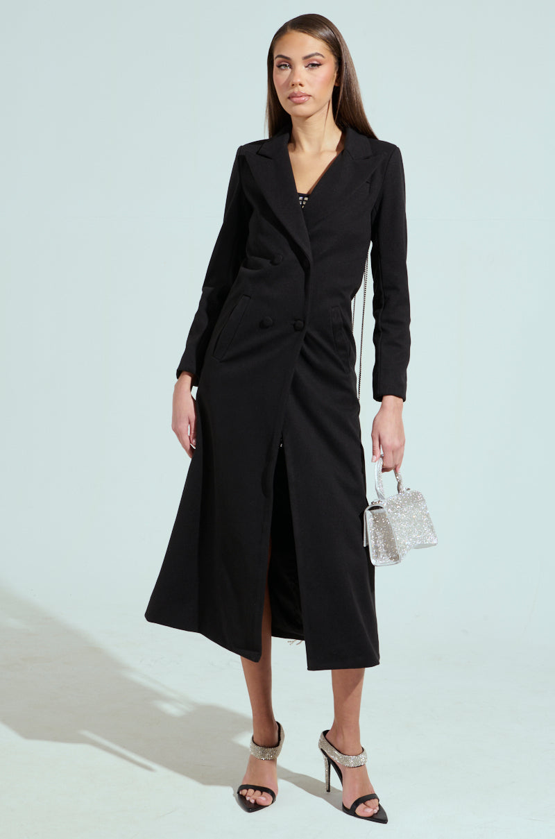 PARTY IN THE BACK RHINESTONE FRINGE TRENCH