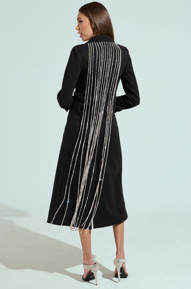 PARTY IN THE BACK RHINESTONE FRINGE TRENCH