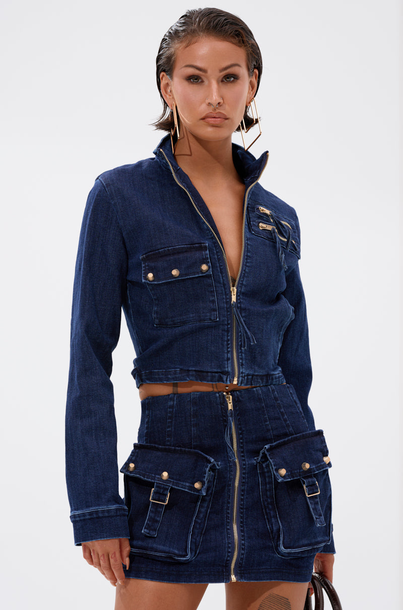 SOMETHING BETTER DENIM ZIP UP TOP