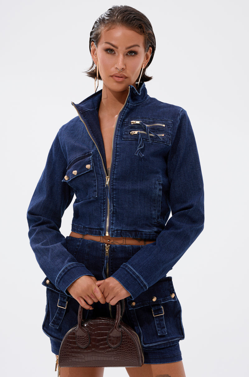 SOMETHING BETTER DENIM ZIP UP TOP