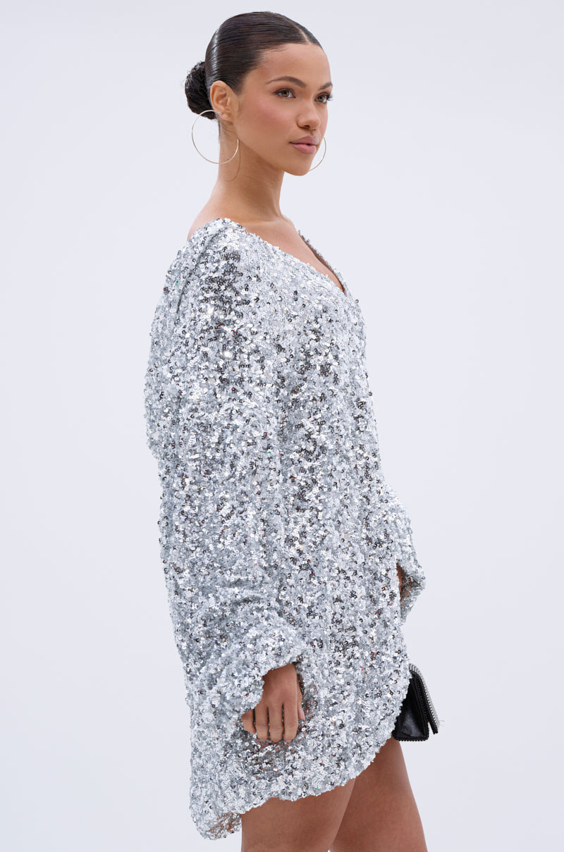 GISELLE SEQUIN SWEATSHIRT DRESS IN SILVER
