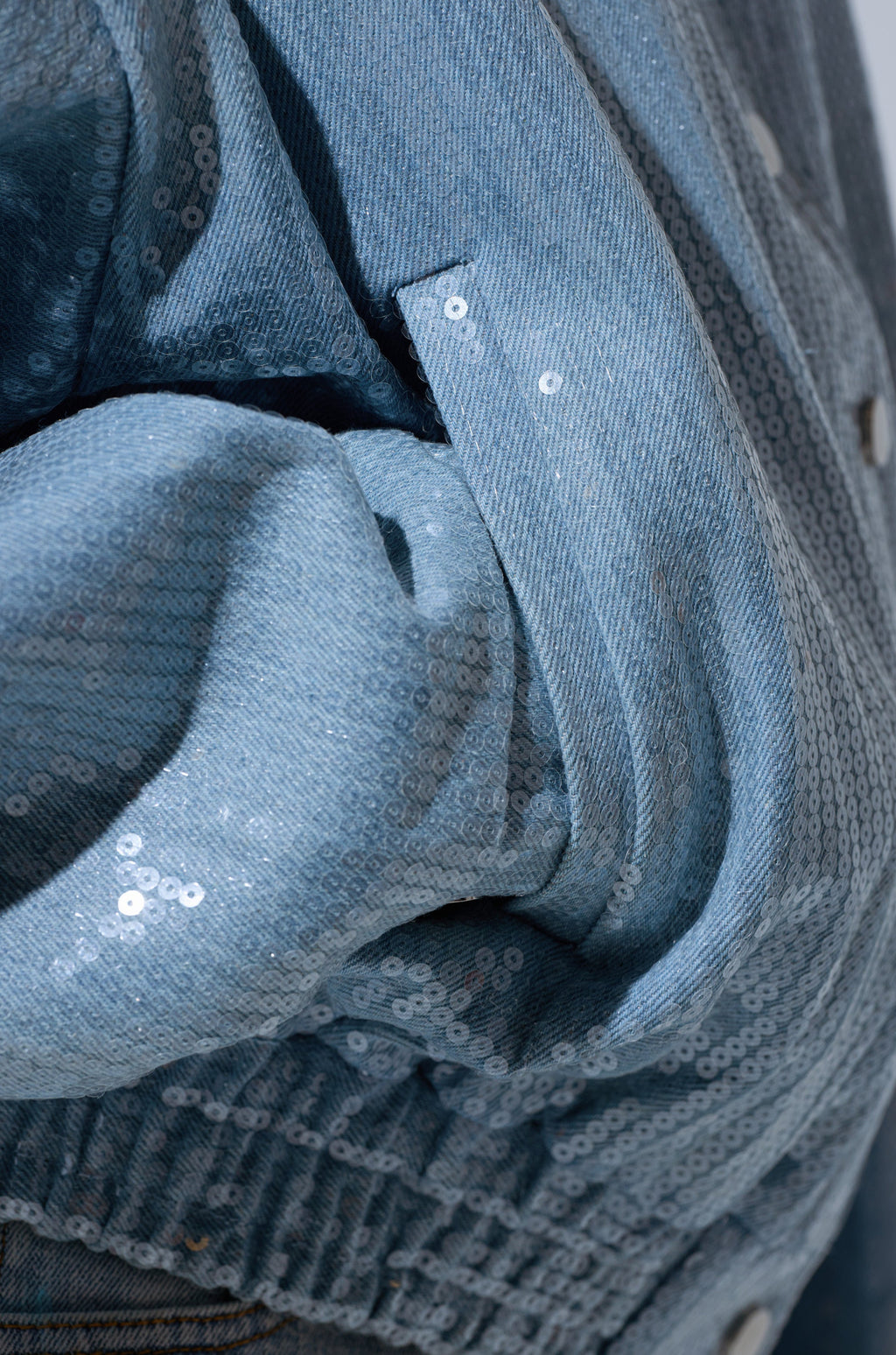 SEQUIN OVERLAY DENIM BOMBER