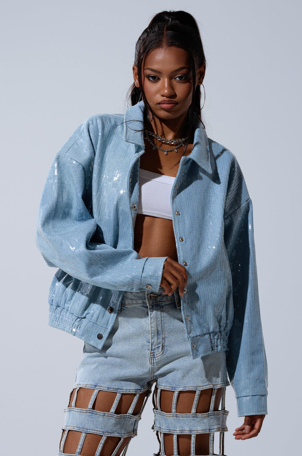 SEQUIN OVERLAY DENIM BOMBER