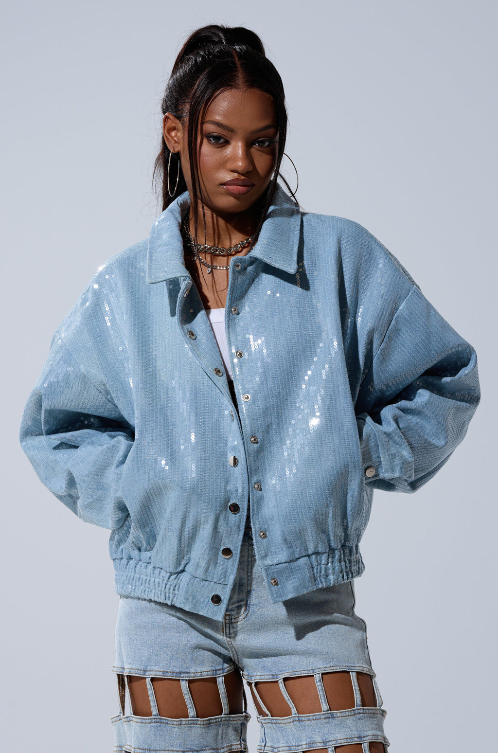 SEQUIN OVERLAY DENIM BOMBER