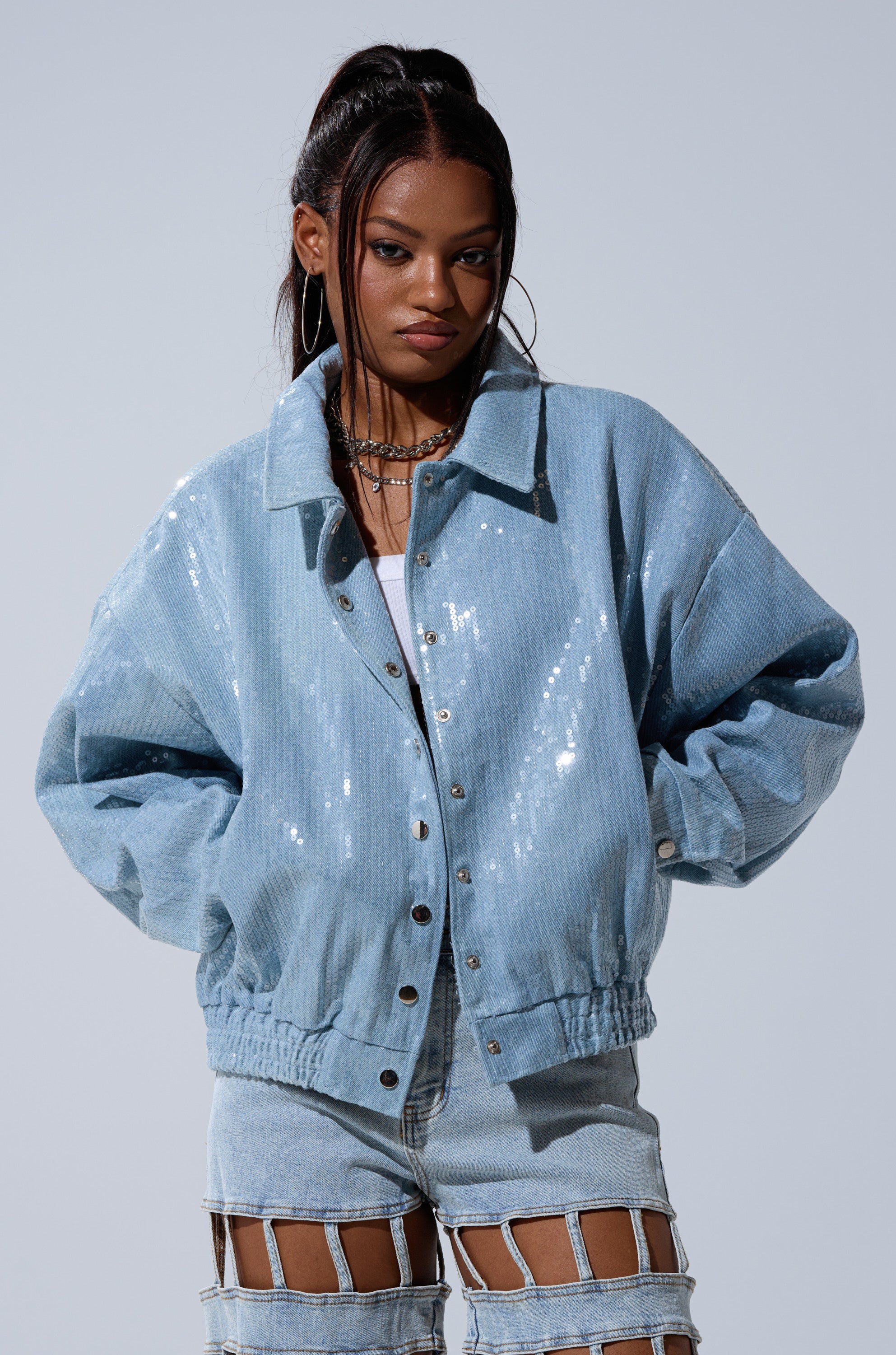 SEQUIN OVERLAY DENIM BOMBER